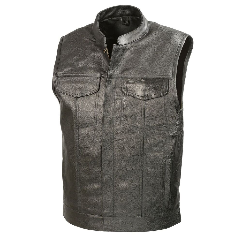 SOA Men’s small Black Premium Leather Club Style Motorcycle Vest BZ6210